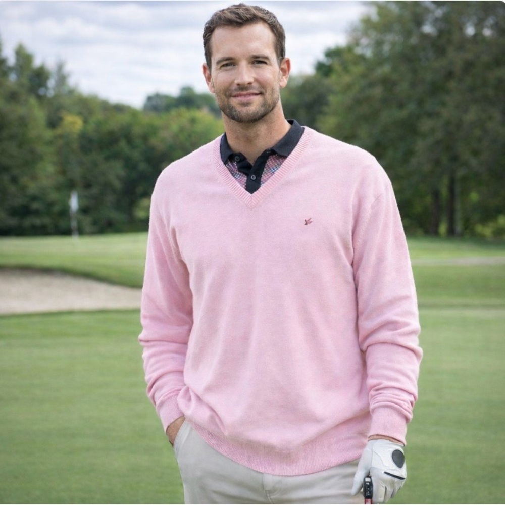 Bertigo Pink V-Neck Golf Sweater XXL Men’s Cotton Knit Designer Pullover